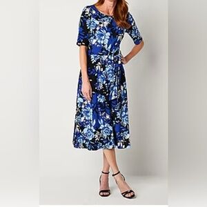 Black Label Evan-Picone Short Sleeve Floral Midi Fit + Flare Dress 18 New